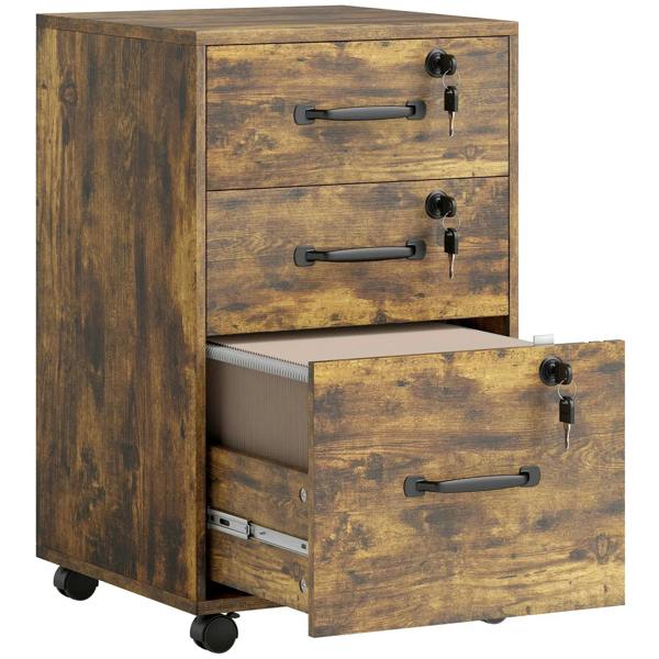 Rustic brown wood-effect three-drawer filing cabinet with metal handles and wheels