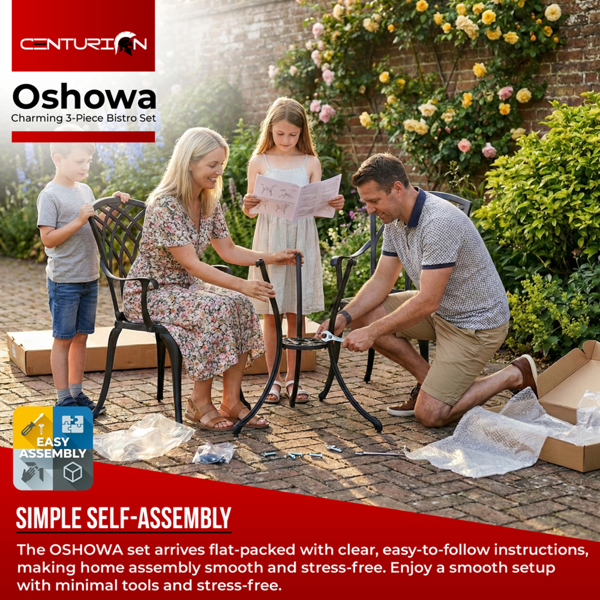 Centurion Supports OSHOWA Luxurious Garden and Patio Table and 2 Large Chairs with Armrests Cast Aluminium Bistro Set - Black