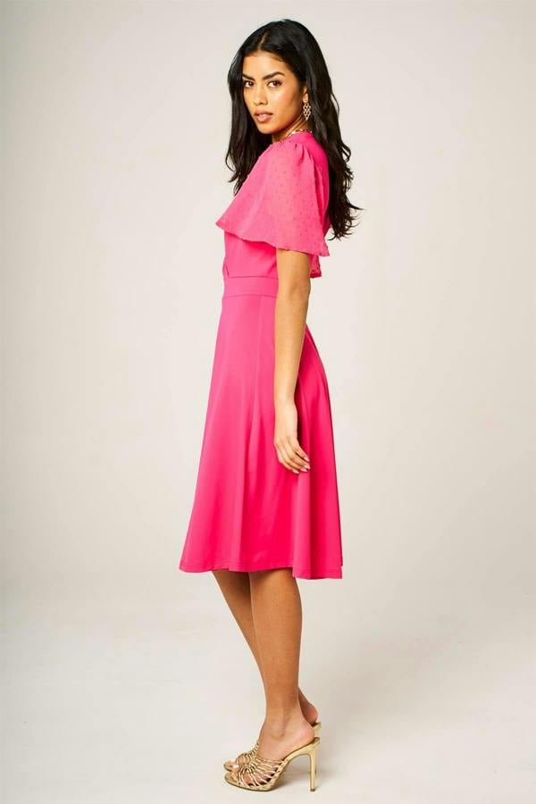 FS Collection Angel Sleeve Pleated Detail Midi Dress In Hot Pink