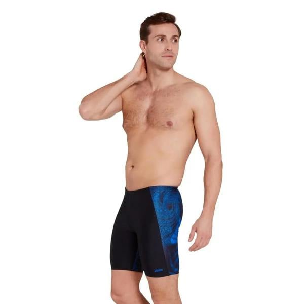 Zoggs Web Cruise Mid swim jammer in black and blue geometric pattern