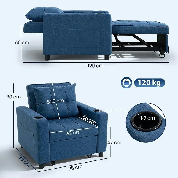 3-in-1 Single Sofa Bed, Convertible Sleeper Chair Bed - Dark Blue