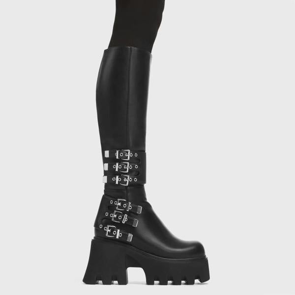 Lamoda My Prince Women’s Knee High Black PU Boots with Skull Accent Design