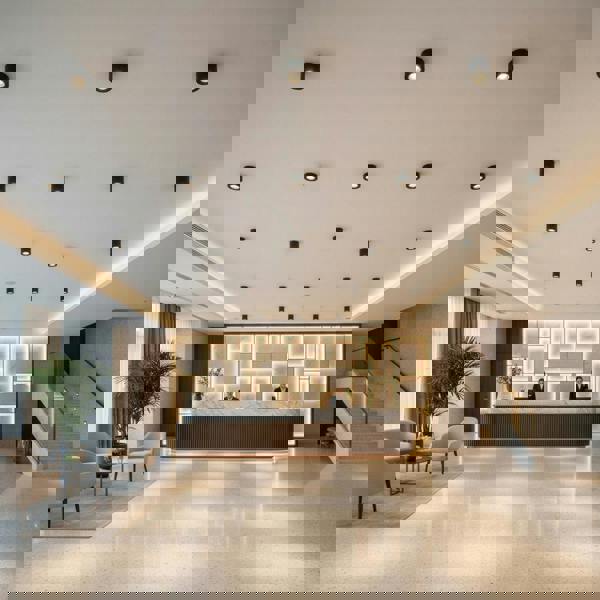 black adjustable ceiling lamp installed in a hotel reception