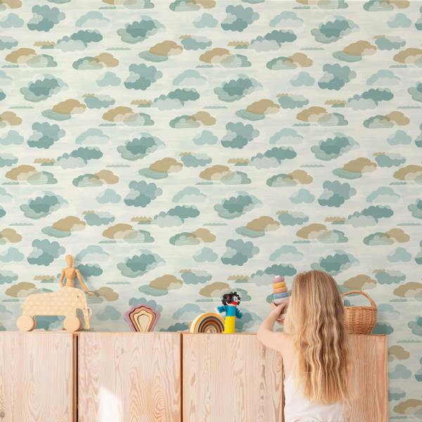 Grandeco Figari Fluffy Clouds Nursery Textured Wallpaper, Teal Green