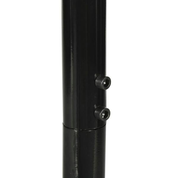 Black steel hammock stand pole with two connector bolts at seam
