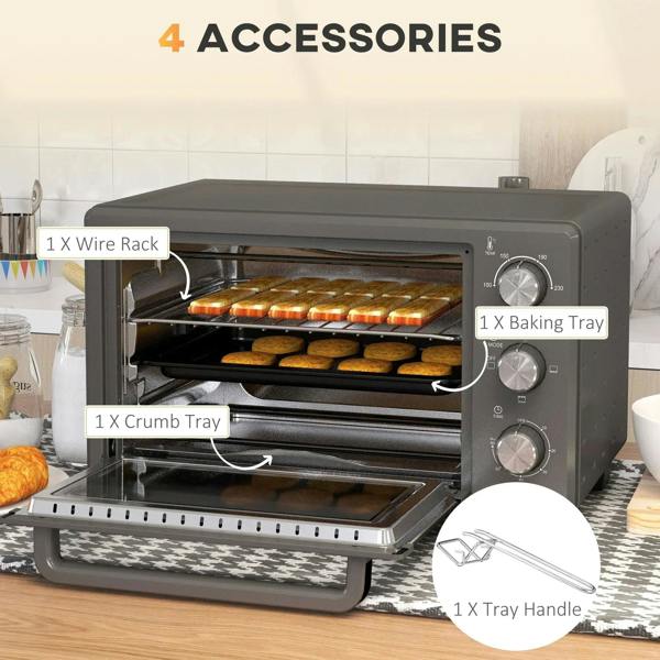 Grey countertop oven with included wire rack, baking tray, crumb tray, and tray handle