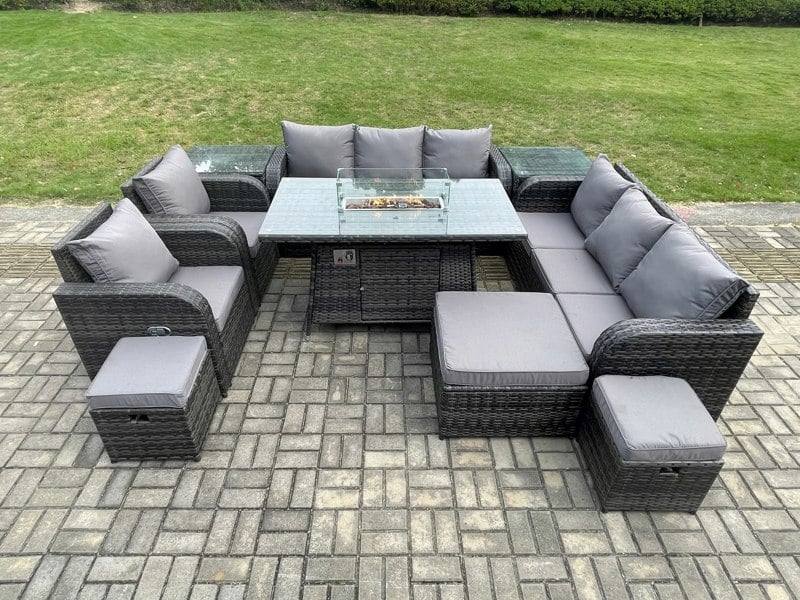 Fimous Rattan Garden Furniture Set with Gas Fire Pit Dining Table, 2 Side Tables, 2 Reclining Chairs, 2 Sofas, 3 Footstools - 11 Seater - Dark Grey