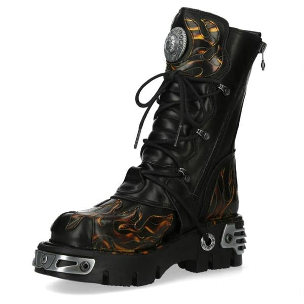 New Rock M-591-C58 Mid-Calf High Black Flame Leather Metallic Gothic Boots