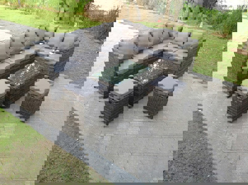 Fimous 8 Seater Rattan Corner Sofa Set with Rectangular Coffee Table and 2 Stools - Dark Grey