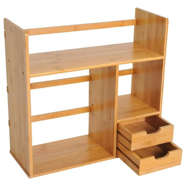 Bamboo desktop bookshelf-style organizer with open shelves and pull-out drawers