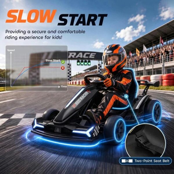 24V Electric Go Kart for Kids 6-12 Years with Drift Mode, Adjustable Seat, 3 Speed, Slow Start, Black