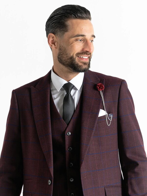 V2 Classic Kensignton Three Piece Suit - Soft Plum Tweed With Blue Checks