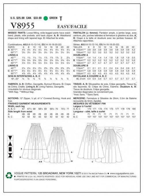 Vogue Sewing Pattern 8955, Trousers for Women, 6-8-10-12-14 - Easy