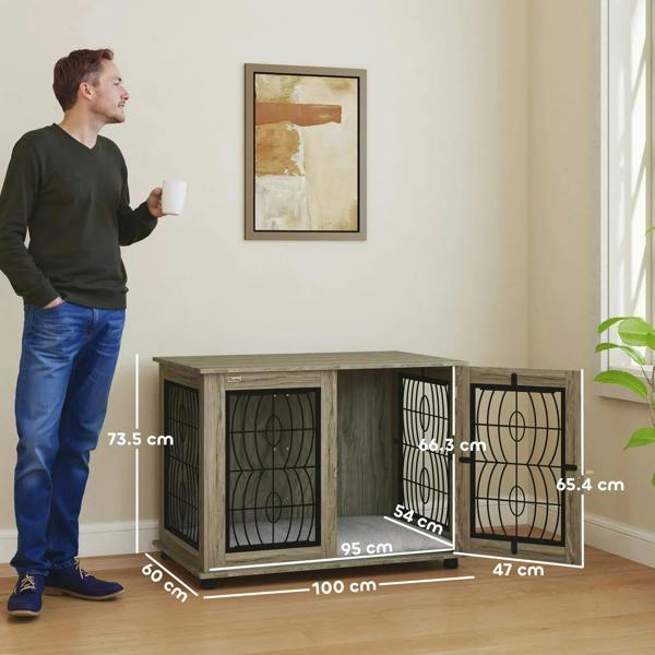 Grey pet crate furniture end table with front black wire doors and side profile