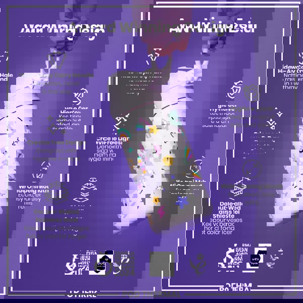 A unicorn-patterned, double-walled stainless steel water bottle is being held against a purple background. The bottle features a hide-away handle and a wide opening for easy cleaning. It's an award-winning design.