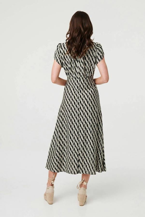 Black | Printed Cap Sleeve Ruched Midi Dress