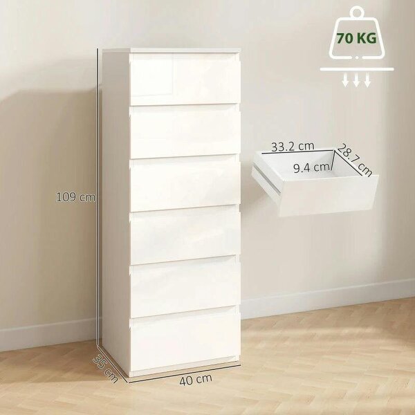 Chest of Drawers High Gloss Finish 6 Drawer Dresser Space Saving Slim Design Handle Free Drawers High-Gloss White