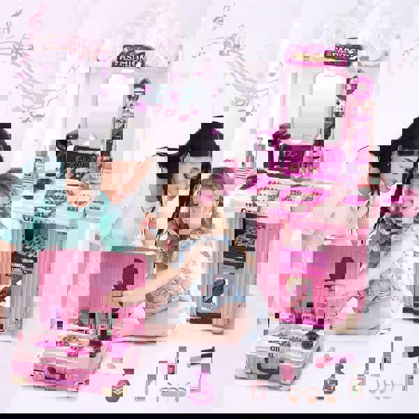 deAO Toys Girls Makeup Table & Suitcase – Portable Vanity Play Set with Light, Music & Accessories, Pretend Makeup Kit for Kids 3+, Great for Travel