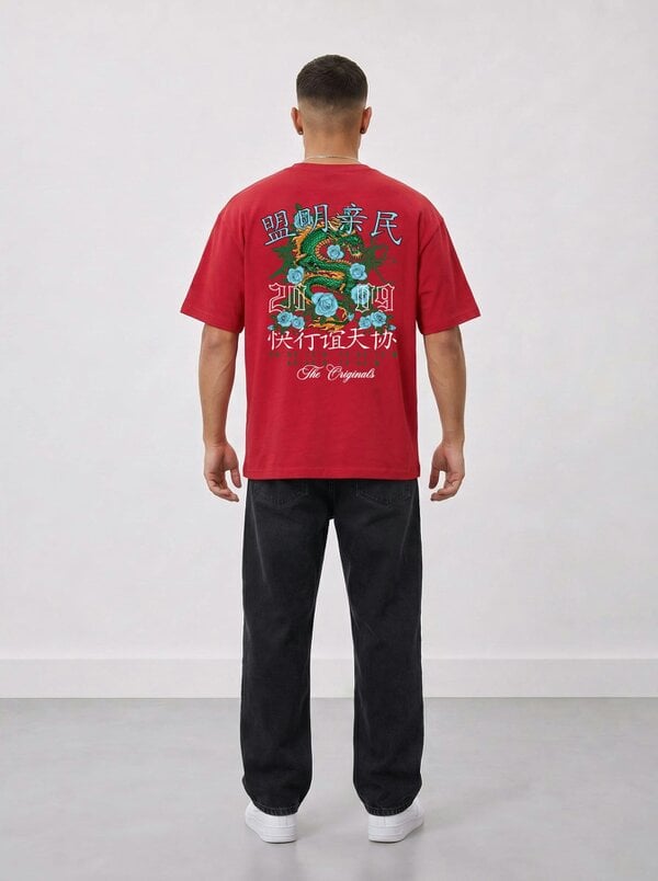 London Attitude Original Creators Dragon Graphic Heavyweight Oversized T-Shirt - Red