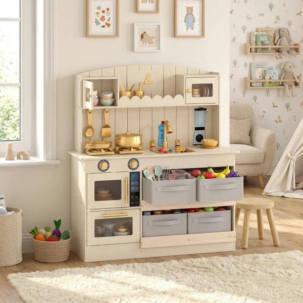 Bobobiy Kids Play Kitchen with Lights & Sounds, Pretend Play Toy set with 4 Fabric Drawers, 12-Piece Accessories for 3-6 Years
