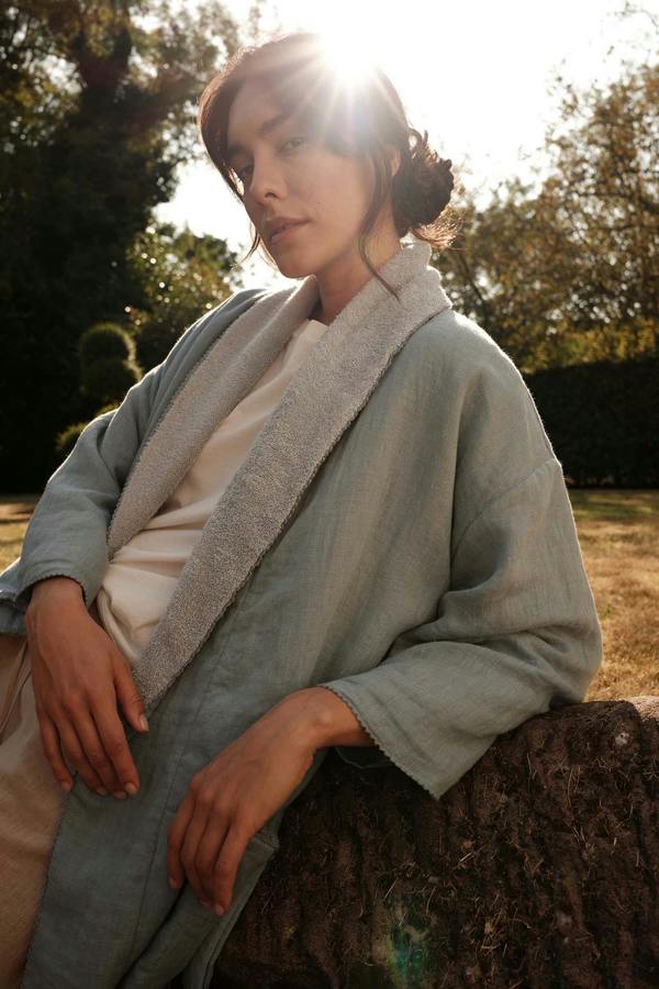 Pretty You London Short Terry Lined Linen Robe In Blue Haze
