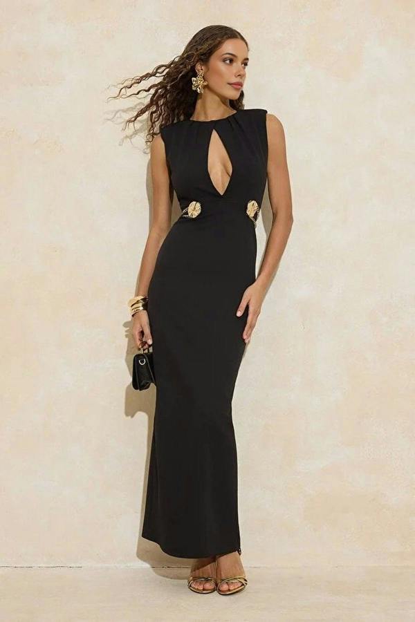WOVCOR Cut Out Maxi Evening Dress with Accessory Details