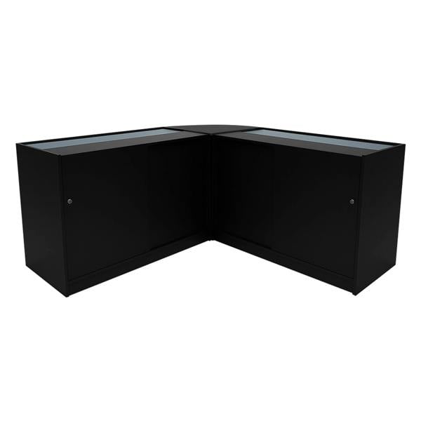 Triton LED Shop Counter Set in sleek black, featuring two corner cabinets with glass tops and smooth surfaces for display and storage