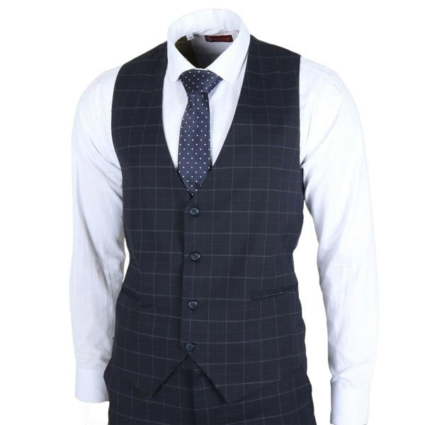 Infinity Leather Men's Navy Checked 3 Piece Suit Tailored Fit