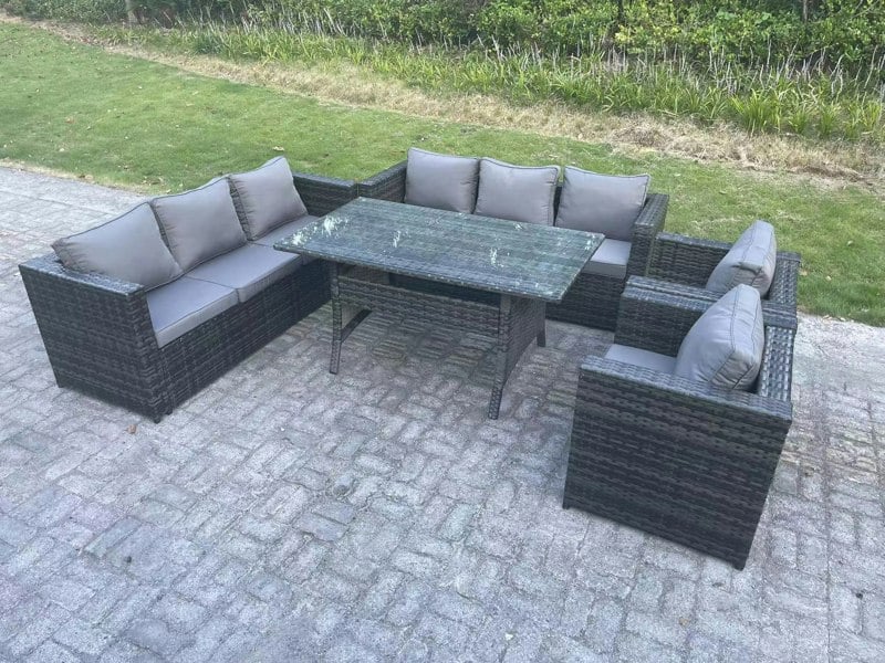 Fimous Outdoor Lounge Sofa Rattan Garden Furniture Set Patio Armchair and Rectangular Dining Table 8 Seater Dark Grey Mixed