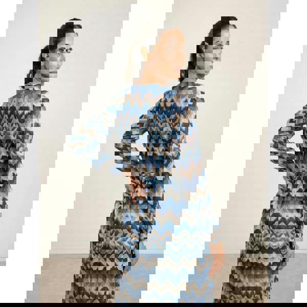 Blue Vanilla Pleated Zig Zag Print Dress