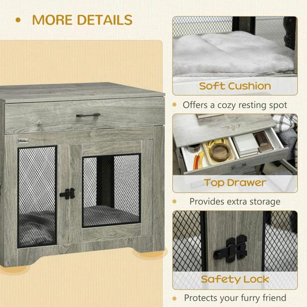 Grey dog crate end table with mesh door panels, top drawer, and safety lock detail.