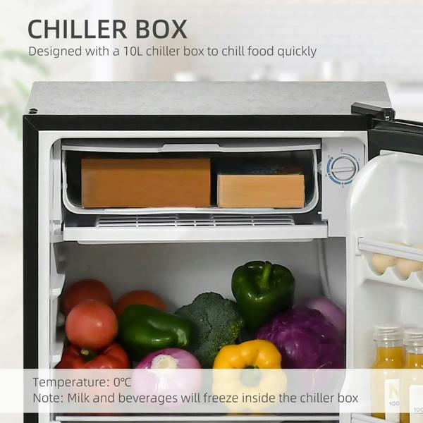 Open mini fridge with chiller drawer box and visible food storage area