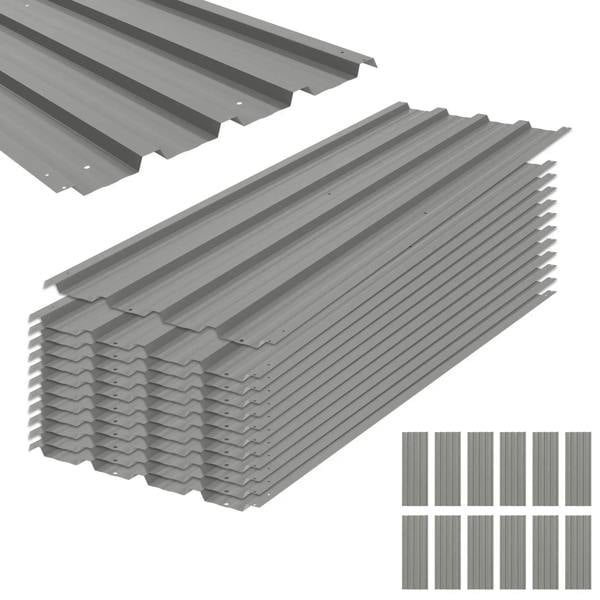 Light grey corrugated steel roof panel set, side view of ribbed sheets