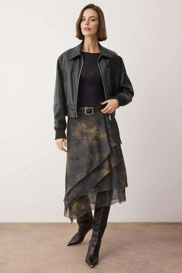 WOVCOR Ruffled Abstract Pattern Knitted Skirt