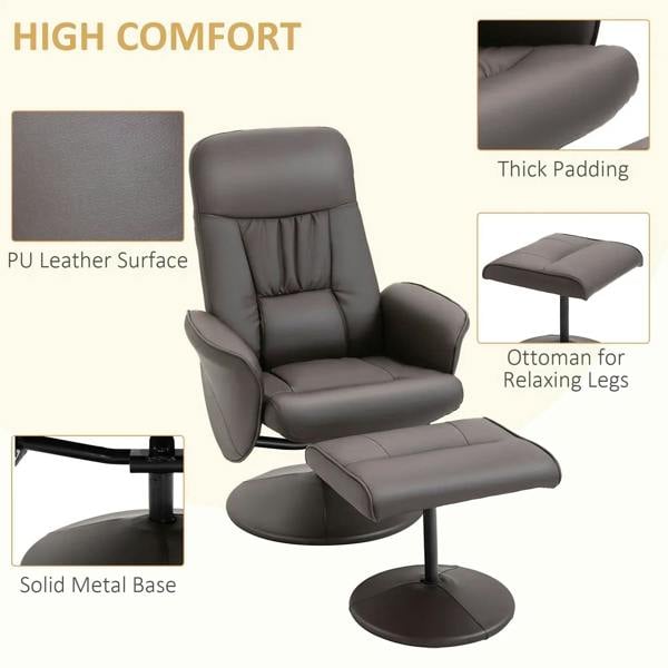 Brown high-back recliner chair with thick padding, PU leather look, and solid metal base.