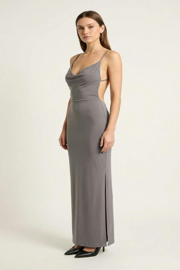 Nova Plunge Cowl Neck Backless Maxi Dress With Back Slit - Grey