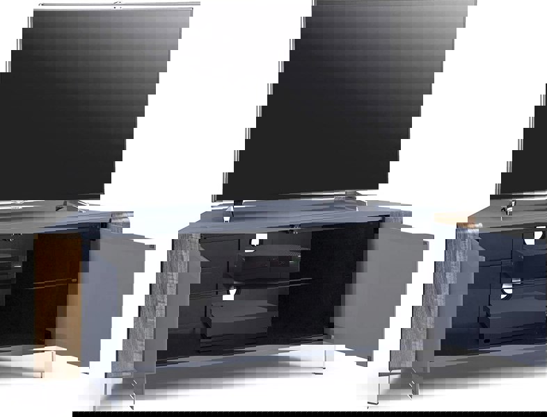 MDA Designs CORVUS Corner-Friendly Grey BeamThru Glass Doors with Walnut Profiles Contemporary Cabinet for Flat Screen TVs up to 50"