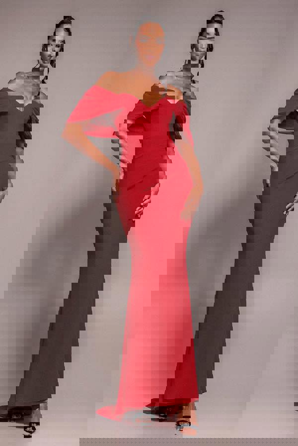 Off The Shoulder Draped Sleeve Maxi Dress - Red DR3259