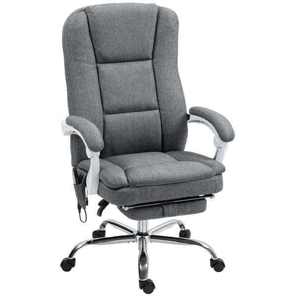 Grey upholstered office chair with padded armrests and caster wheels