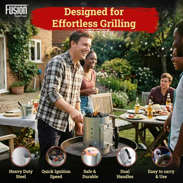 Fusion Food BBQ Coal Starter 19x27cm, Heavy-Duty Steel Charcoal Chimney Starter, Heat-Insulated Handle, Fast 20-Minute Ignition