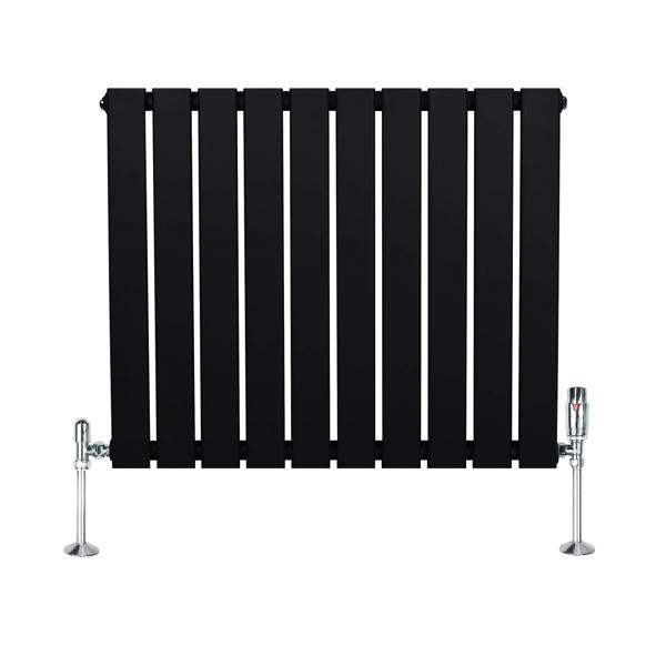 Flat single column radiator in sleek black finish, featuring vertical slats and chrome valves, measuring 600mm x 700mm