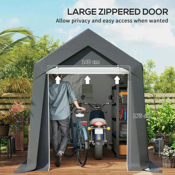 Dark grey storage tent shed with large zippered door and wide window
