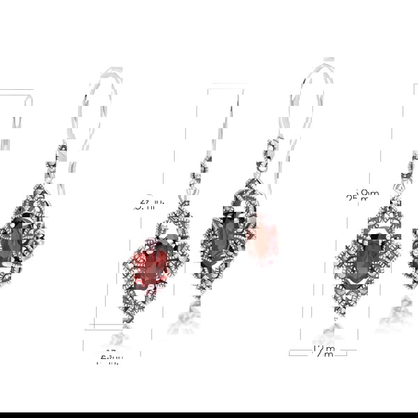 Gemondo Art Deco Style Oval Garnet & Marcasite Drop Earrings in Sterling Silver