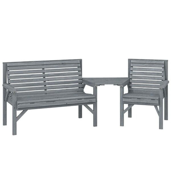 Wooden Garden Furniture Set with Parasol Hole, 1 Chair, 1 Bench and Detachable Table, Grey Embossed Finish