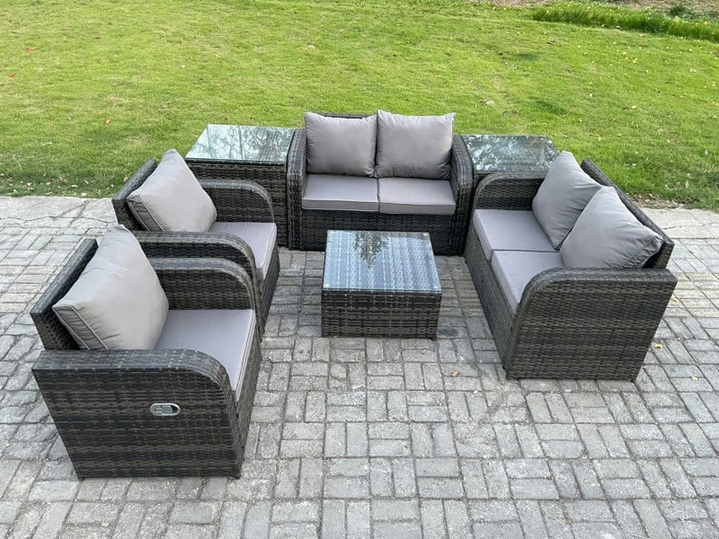 Fimous 6 Seater Rattan Sofa Set Outdoor Garden Furniture Set with Square Coffee Table Loveseat Sofa Reclining Chairs 2 Side Tables Dark Grey Mixed