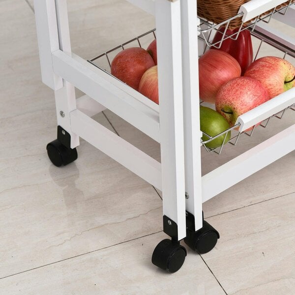 Wyld Haus Ziha Wooden White Oak Tone Drop Leaf Kitchen Trolley With Baskets And Wheels