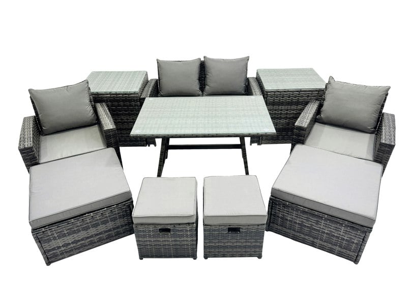 Fimous 8 Seater Rattan Furniture Set with Dining Table, Sofa, 2 Side Tables, 2 Chairs & 4 Stools Sets - Dark Grey