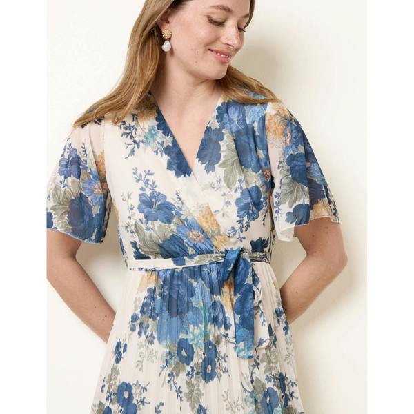 Blue Vanilla Crossover Pleated Print Dress