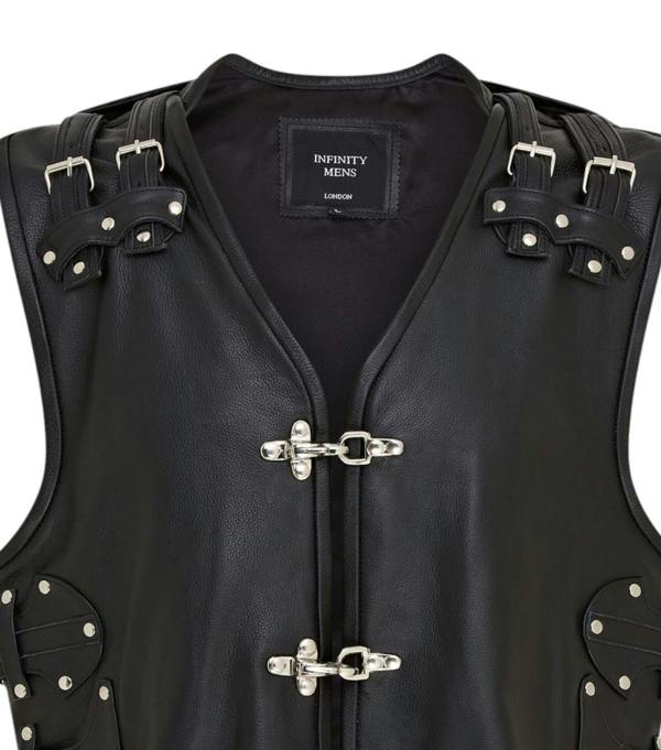 Infinity Leather Men’s Black Biker Leather Waistcoat Metal Buckles Vest - Coolgardie