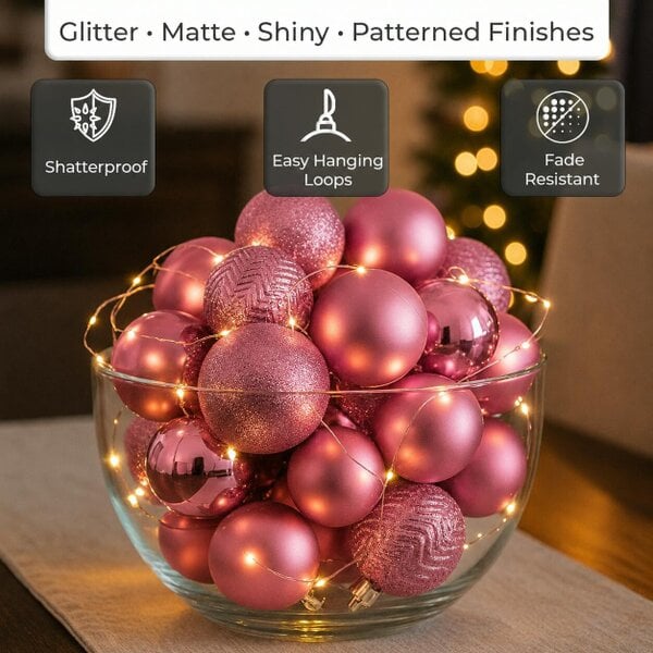Neo Champagne 36 Christmas Tree Ornaments Set Baubles Glitter Balls Holiday Festive Decorations Assorted Sizes Colours Home Party Décor